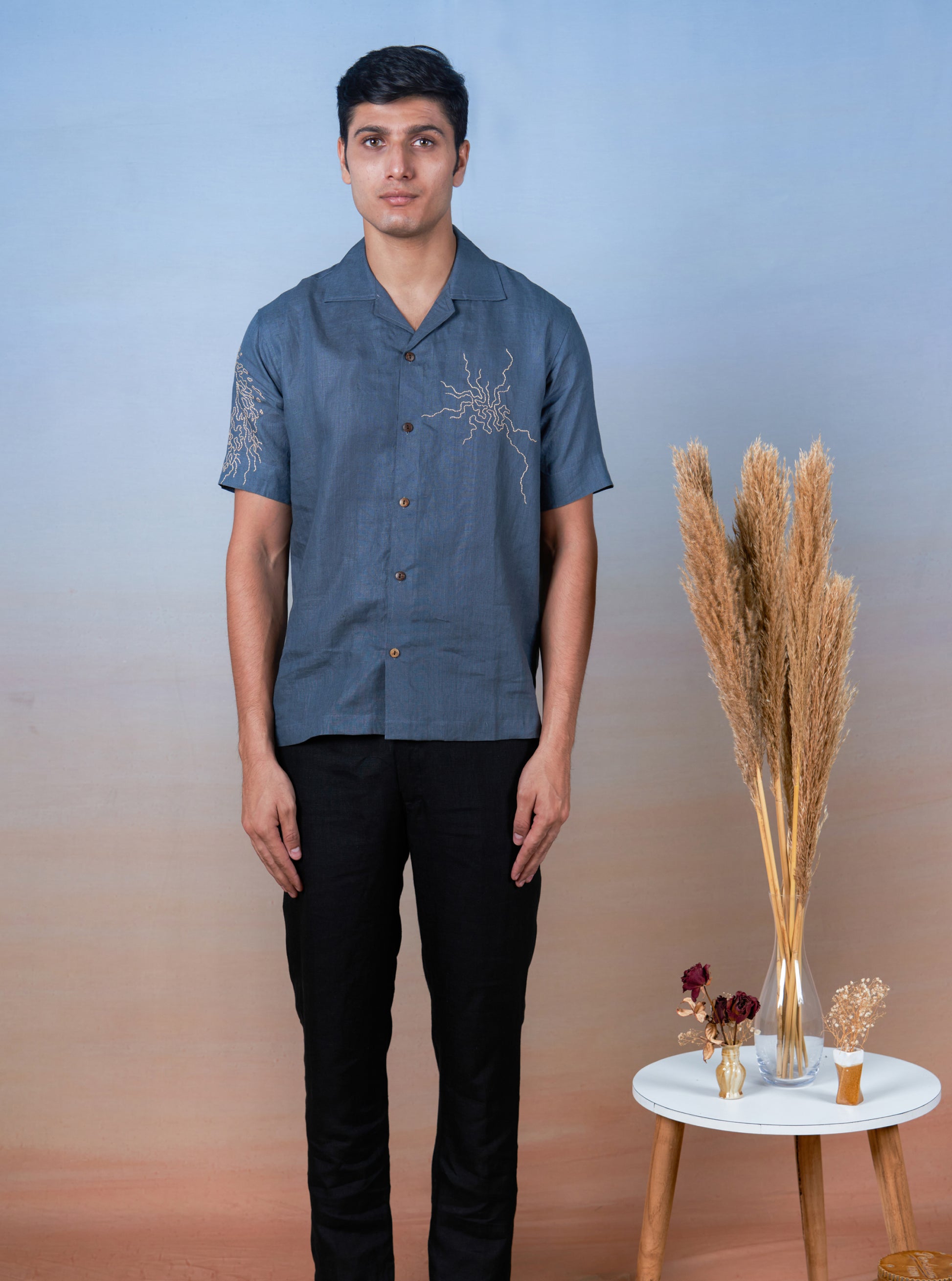 STORMY SKIES - HAND EMBROIDERED UNISEX LINEN SHIRT