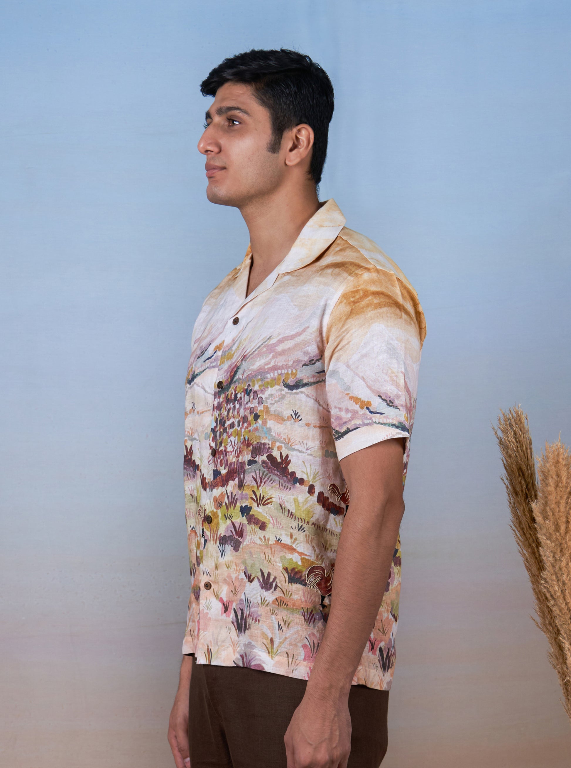 ROOSTER MEADOW YELLOW - HAND EMBROIDERED UNISEX PRINTED LINEN SHIRT