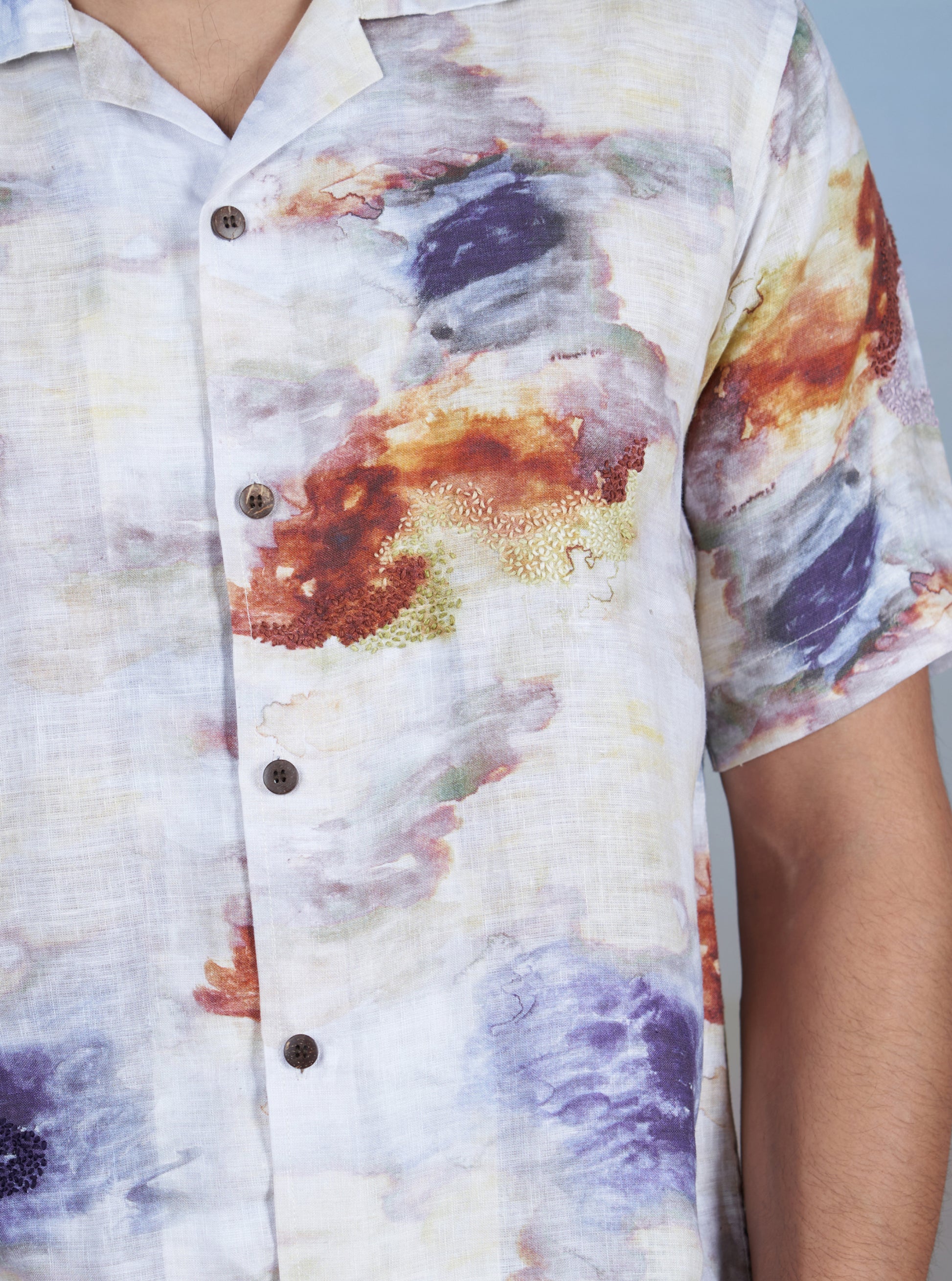 NEBULA NIGHTS - HAND EMBROIDERED UNISEX PRINTED LINEN SHIRT