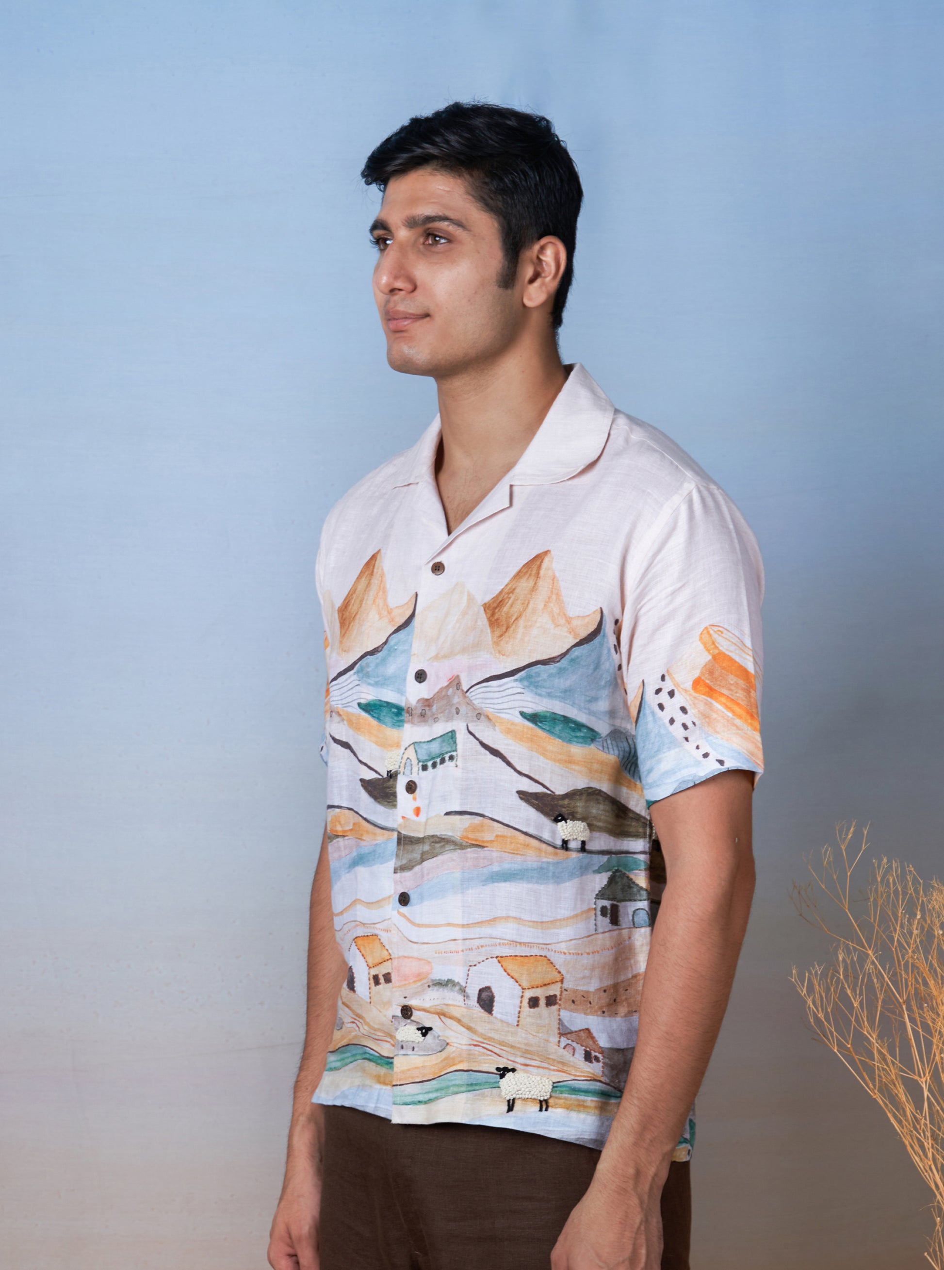 GRAZING SHEEP ORANGE - HAND EMBROIDERED UNISEX PRINTED LINEN SHIRT