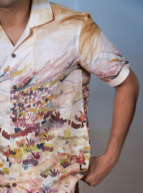 ROOSTER MEADOW YELLOW - HAND EMBROIDERED UNISEX PRINTED LINEN SHIRT