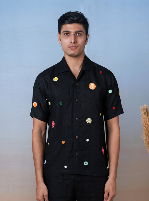 RETRO SPOTS - HAND EMBROIDERED UNISEX LINEN SHIRT