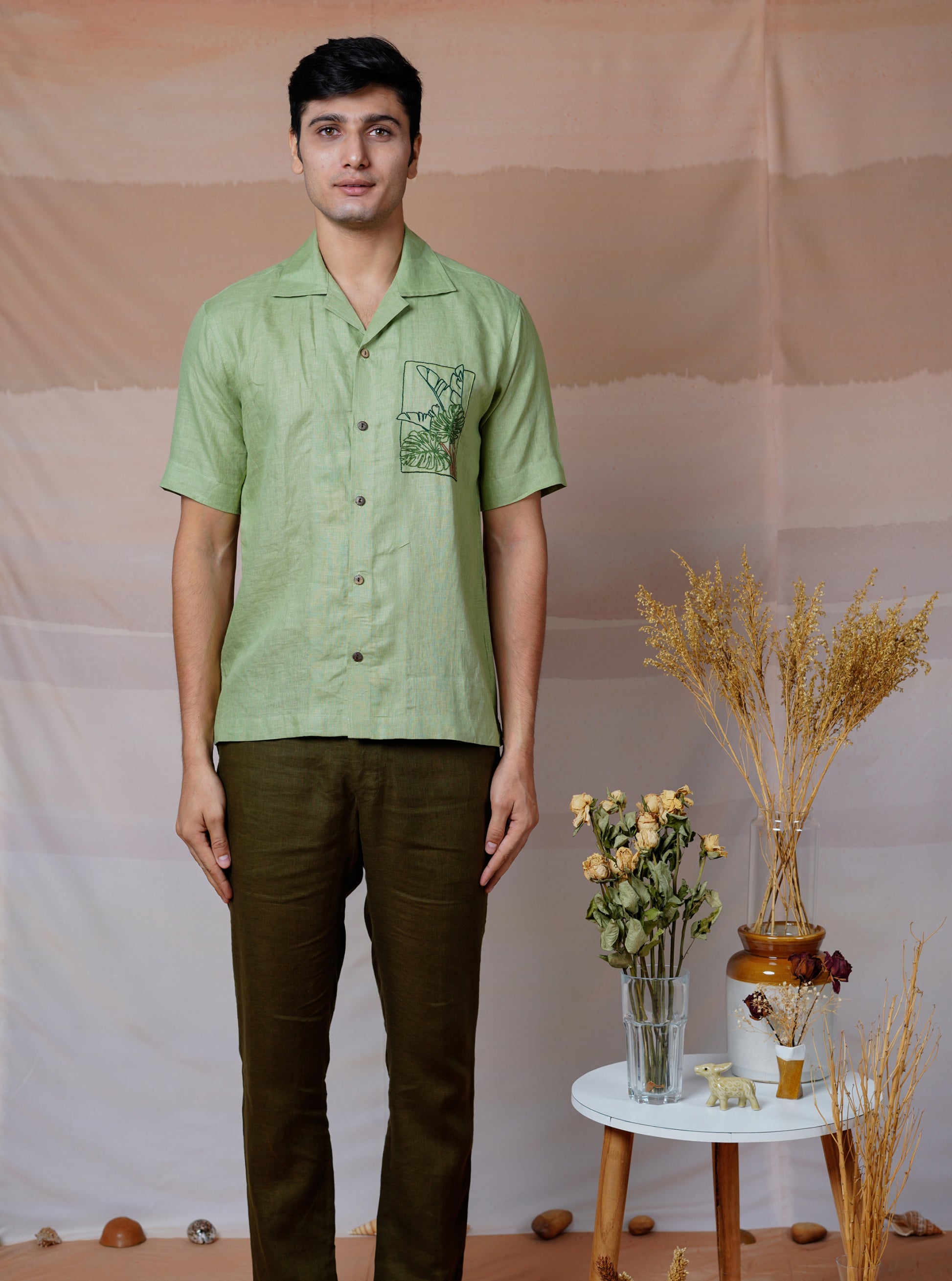 TROPICAL LEAF - HAND EMBROIDERED UNISEX LINEN SHIRT