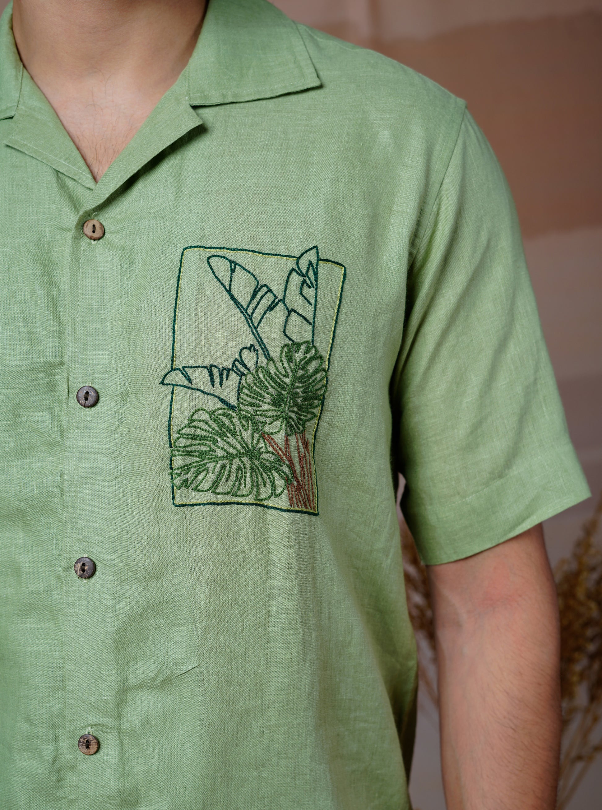 TROPICAL LEAF - HAND EMBROIDERED UNISEX LINEN SHIRT