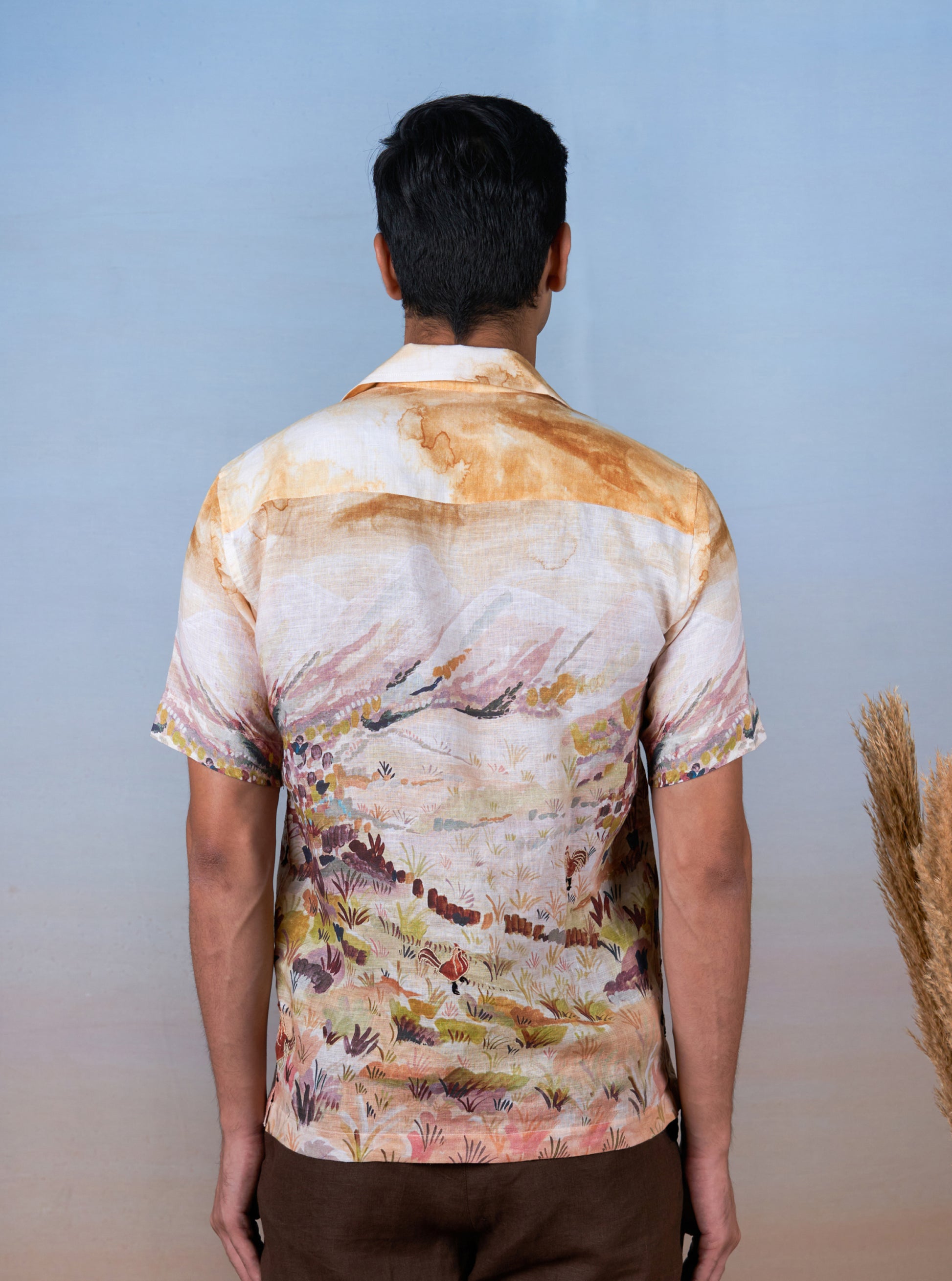 ROOSTER MEADOW YELLOW - HAND EMBROIDERED UNISEX PRINTED LINEN SHIRT