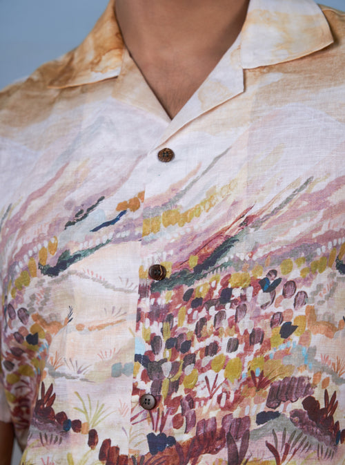 ROOSTER MEADOW YELLOW - HAND EMBROIDERED UNISEX PRINTED LINEN SHIRT