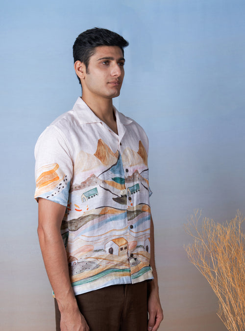 GRAZING SHEEP ORANGE - HAND EMBROIDERED UNISEX PRINTED LINEN SHIRT