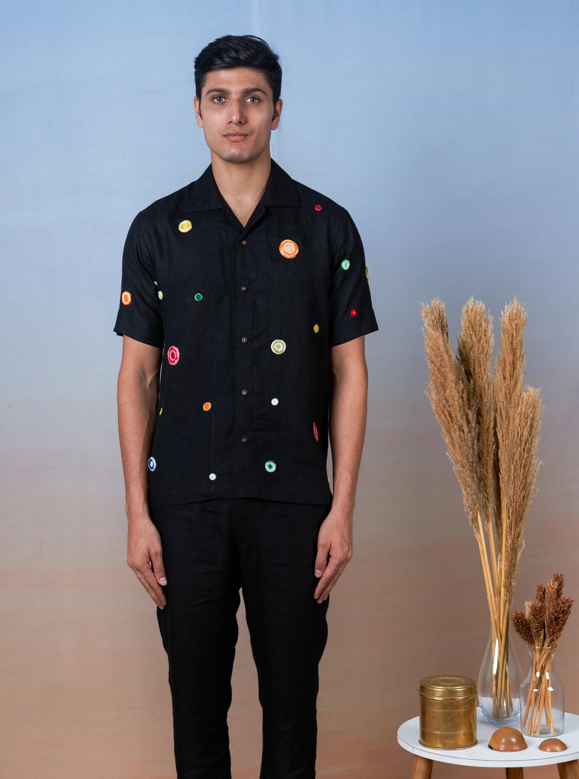 RETRO SPOTS - HAND EMBROIDERED UNISEX LINEN SHIRT