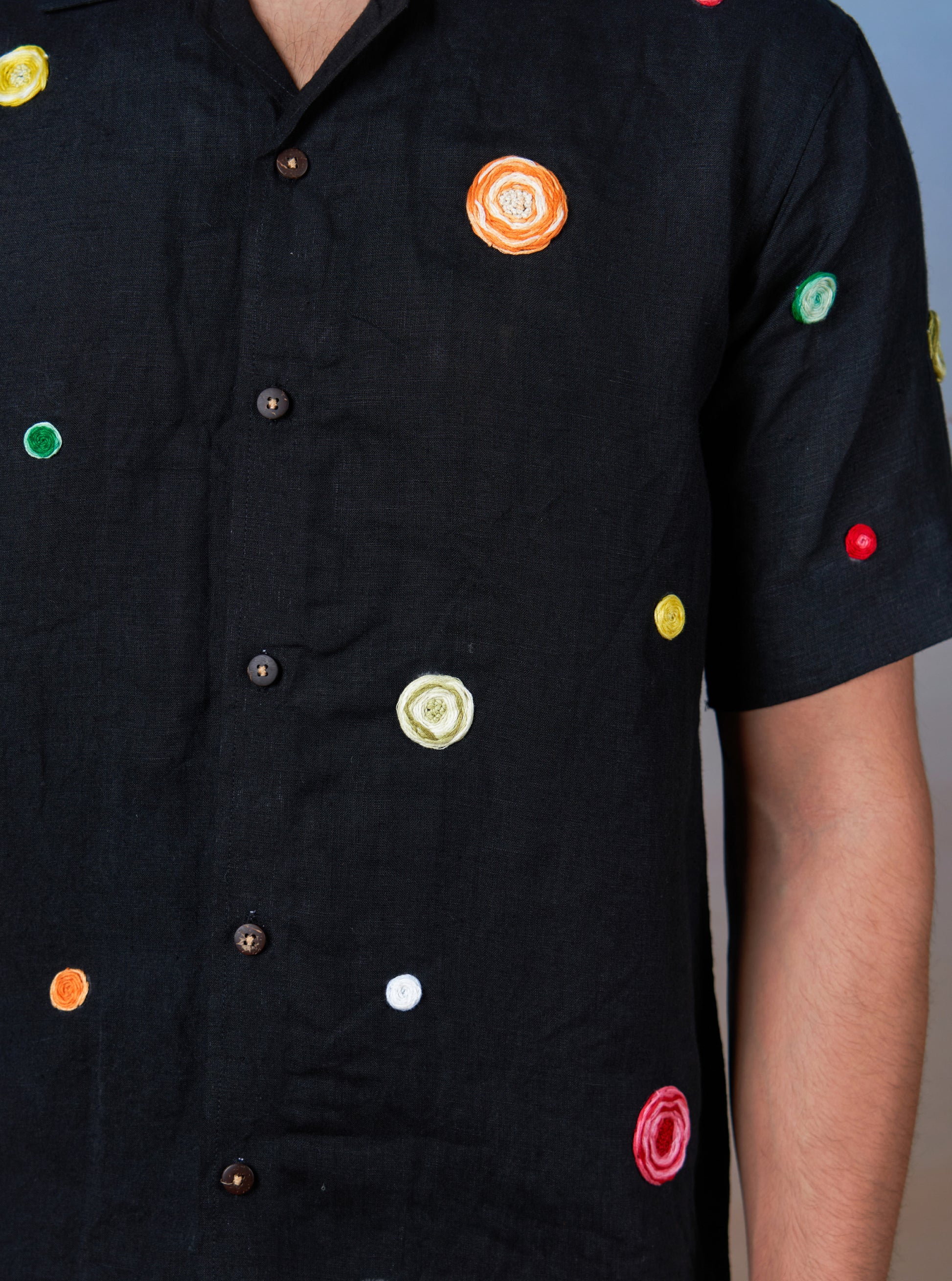 RETRO SPOTS - HAND EMBROIDERED UNISEX LINEN SHIRT