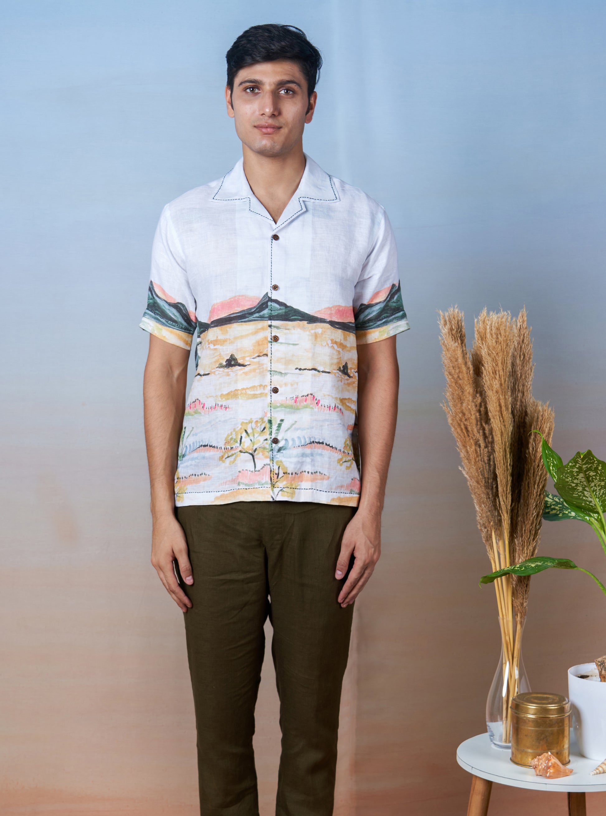 NATURE'S PALETTE - HAND EMBROIDERED UNISEX PRINTED LINEN SHIRT