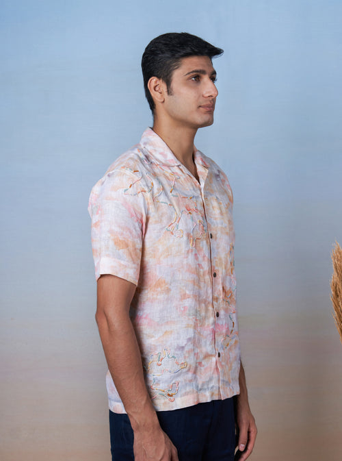 WHIMSICAL WAVES - HAND EMBROIDERED UNISEX PRINTED LINEN SHIRT