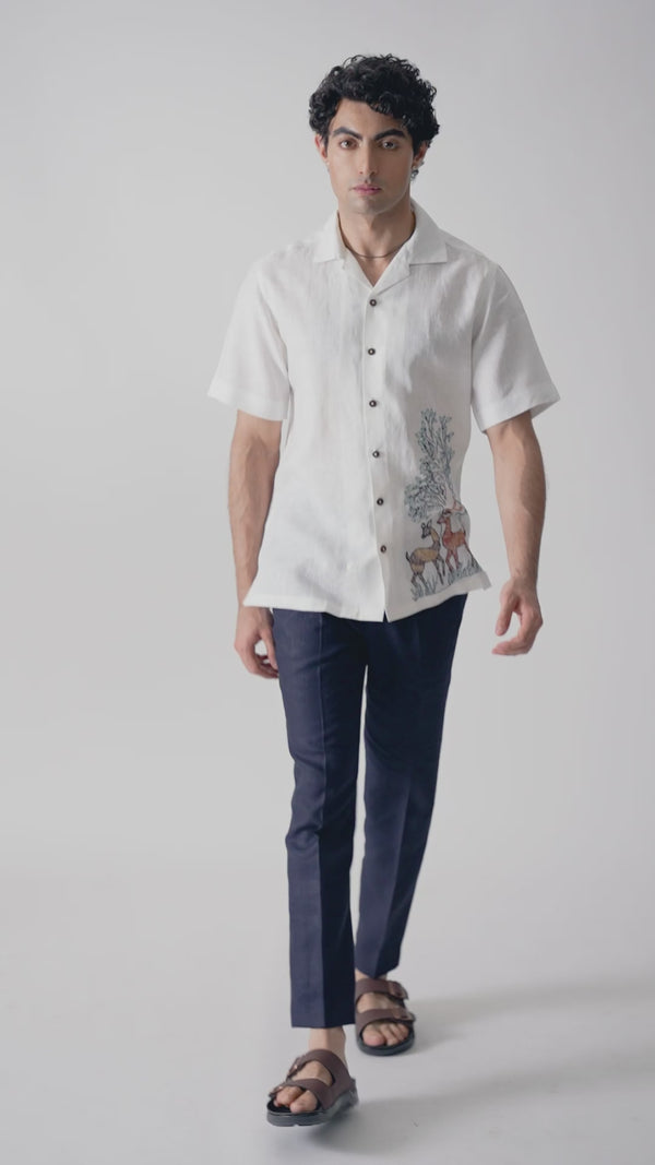 DEER UNDER GIANT OAK - HAND EMBROIDERED UNISEX PURE LINEN SHIRT